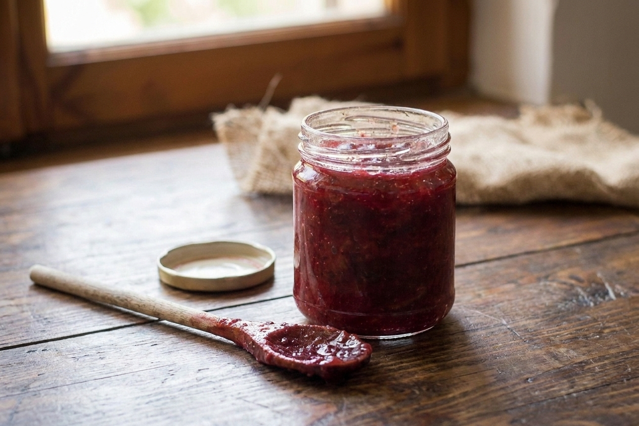 A glass jar of deep ruby sugar plum jam with a spoon resting beside it on a light kitchen counter, soft natural window light