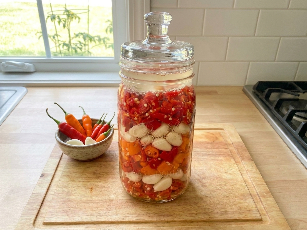 A glass jar of fermenting red chiles and garlic submerged in brine on a clean kitchen counter, with a small bowl of extra chiles nearby
