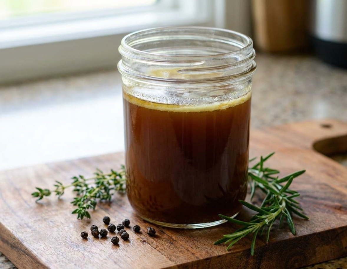 A glass jar of finished beef stock on a kitchen counter, deep brown and glossy with a thin layer of fat on top
