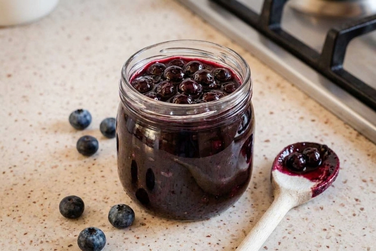 A glass jar of glossy blueberry compote with whole berries on a light stone kitchen counter, a spoon resting beside it