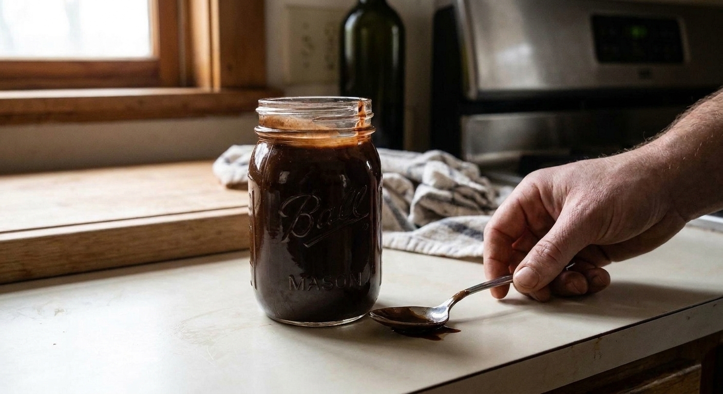 A glass jar of glossy homemade chocolate syrup on a light kitchen counter with a spoon nearby and soft natural window light
