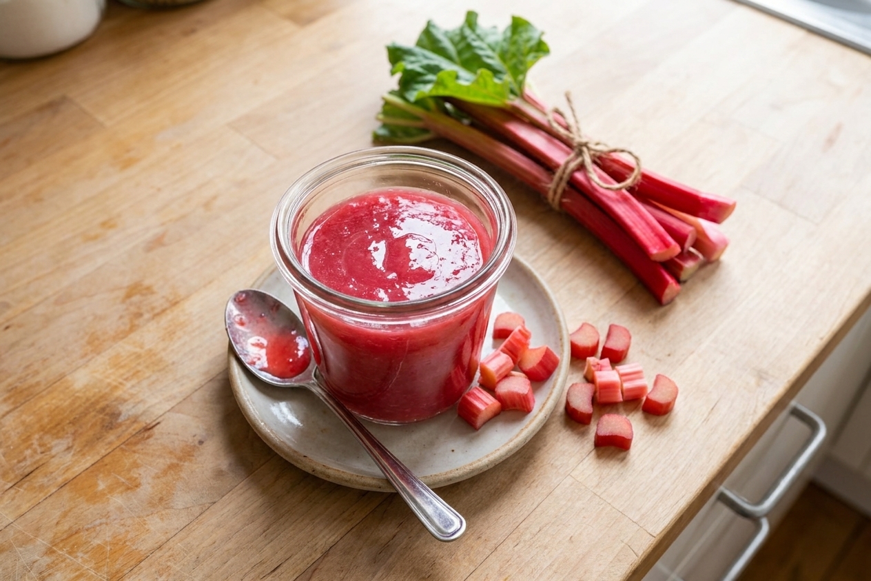 A glass jar of glossy pink rhubarb jam on a light kitchen counter with a spoon resting beside it and fresh rhubarb stalks nearby