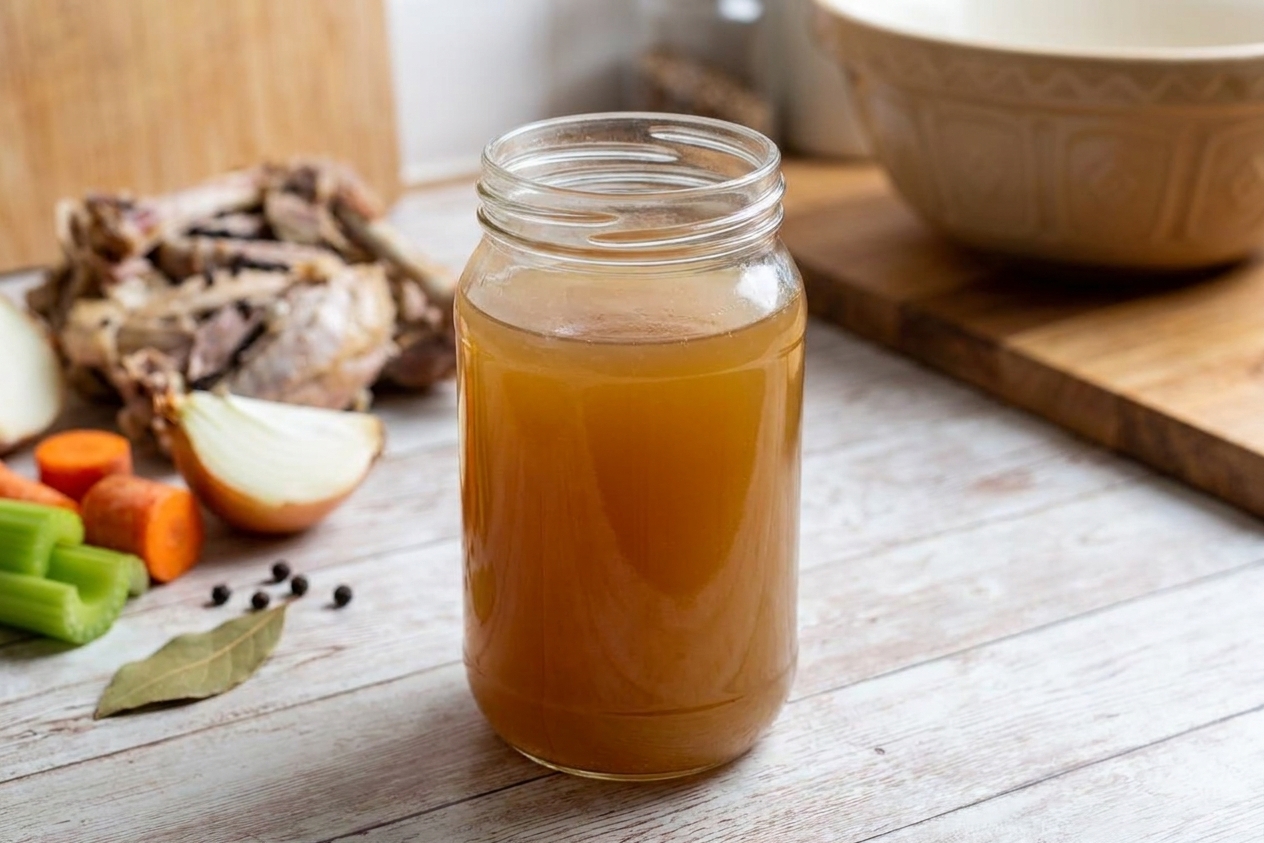 A glass jar of golden homemade turkey stock on a wooden kitchen counter with a turkey carcass and chopped onions, carrots, and celery softly blurred in the background