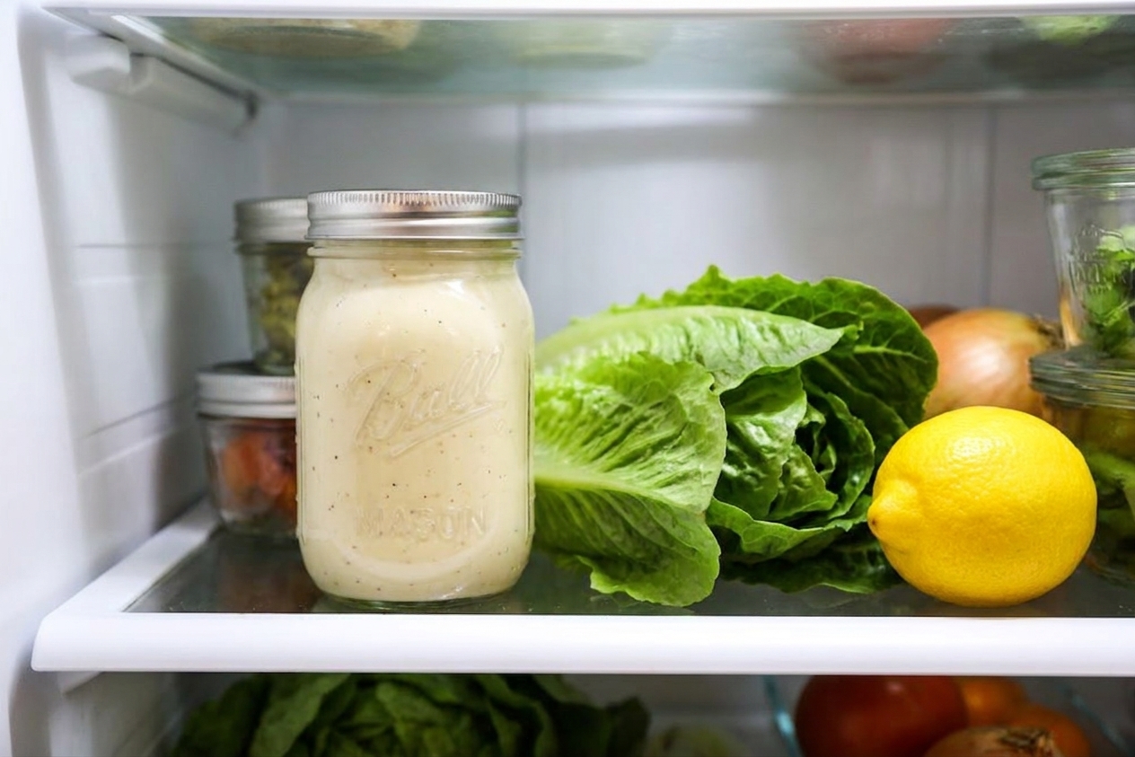 A glass jar of homemade Caesar dressing with a lid on, sitting on a refrigerator shelf next to fresh romaine and a lemon
