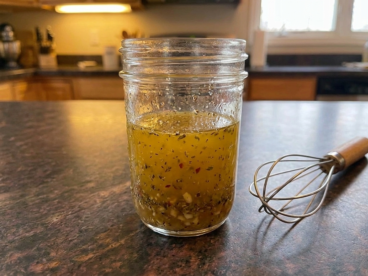 A glass jar of homemade Italian dressing with visible herbs and minced garlic on a kitchen counter next to a whisk