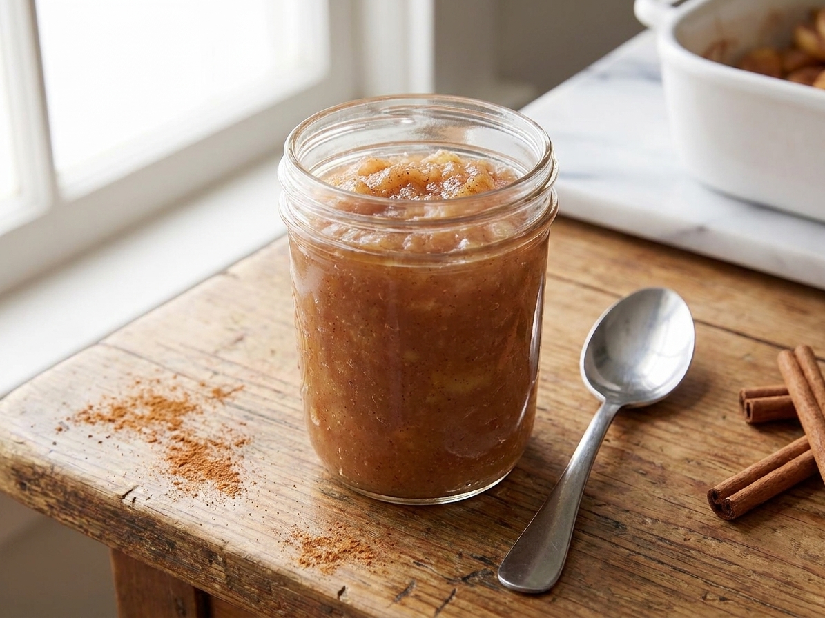 A glass jar of homemade applesauce with a spoon beside it on a kitchen counter, warm natural light