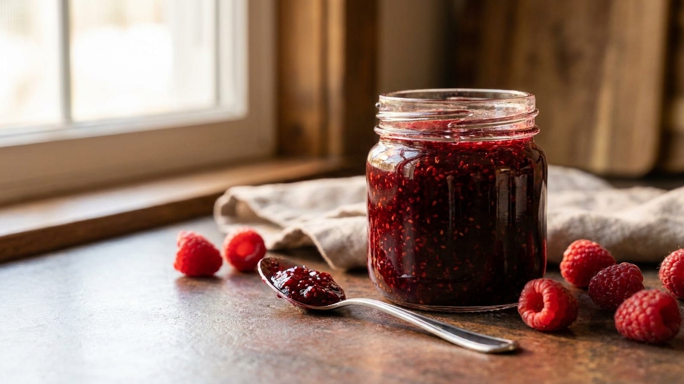A glass jar of homemade raspberry jam with a spoon resting beside it on a warm-toned kitchen counter, soft natural window light