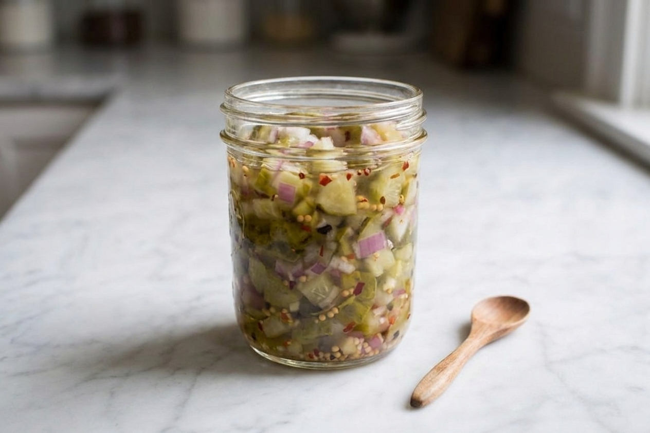 A glass jar of homemade sweet pickle relish with visible diced pickles and onions on a bright kitchen counter, with a spoon resting nearby