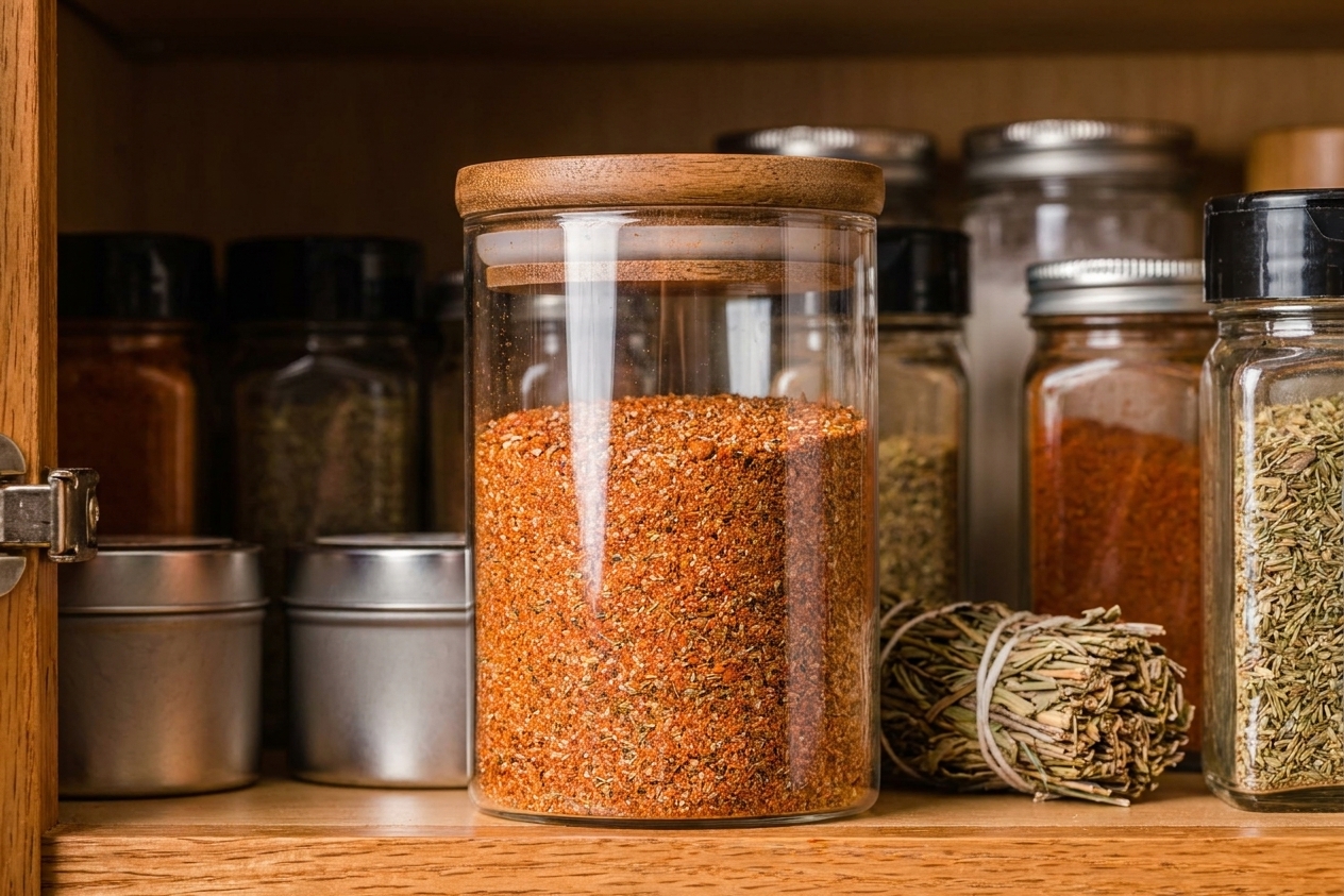 A glass jar of homemade turkey seasoning with a tight lid stored with other spices in a kitchen cabinet