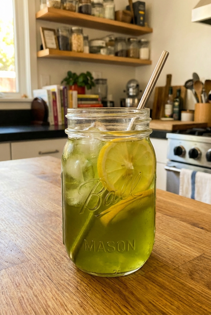 A glass jar of iced green tea with lemon slices