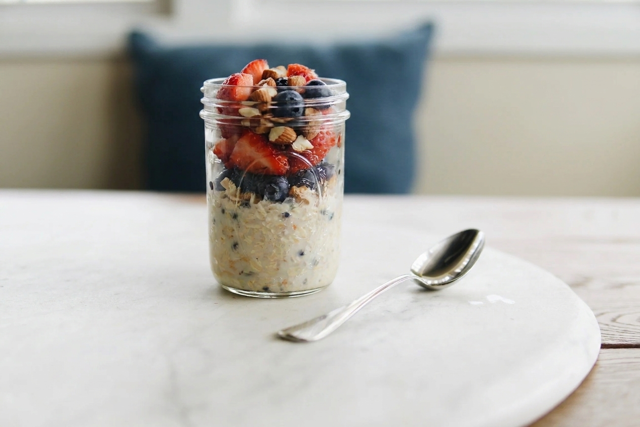 A glass jar of overnight muesli topped with sliced strawberries, blueberries, and chopped almonds on a bright kitchen counter with a spoon beside it