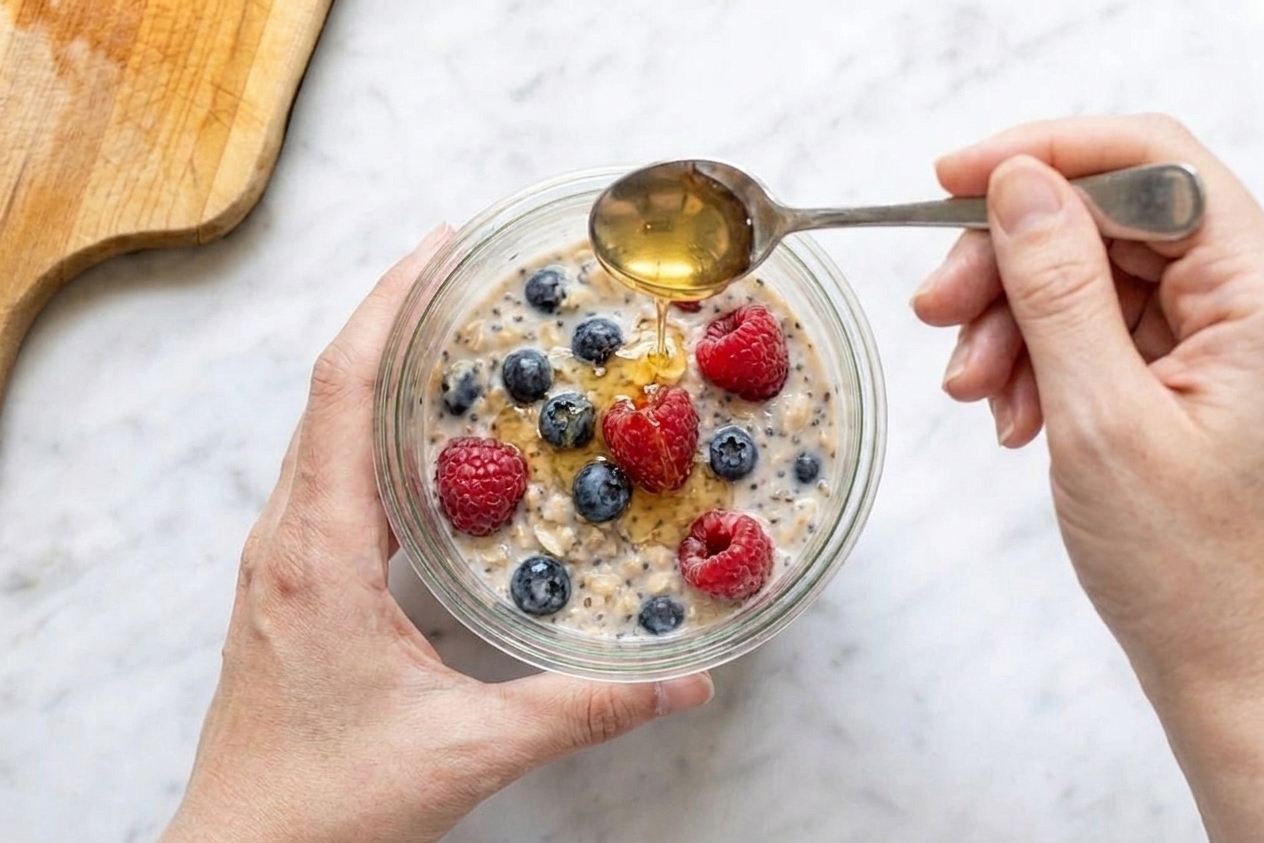 A glass jar of overnight oats made with yogurt, topped with fresh berries and a drizzle of honey on a bright kitchen counter