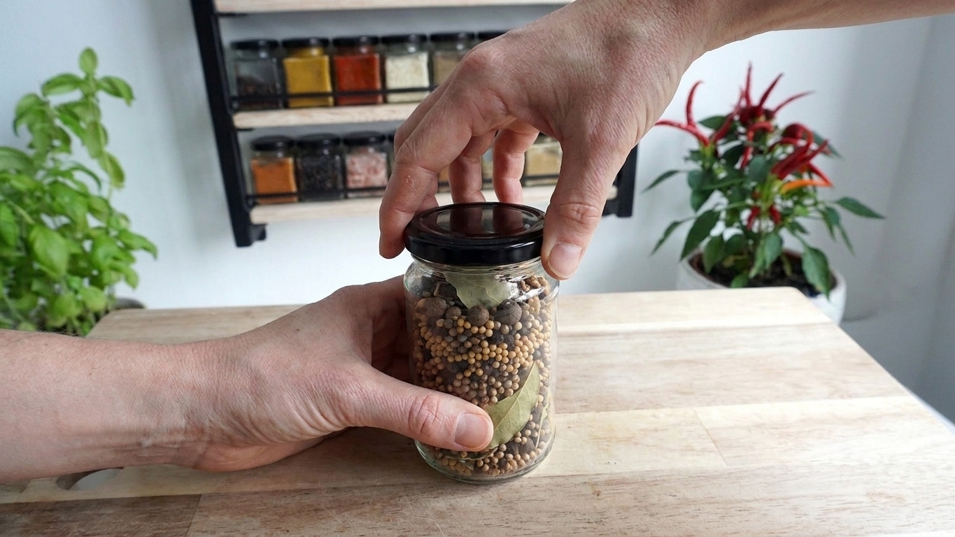 A glass jar of pickling spice with the lid being twisted on, sitting on a clean kitchen counter