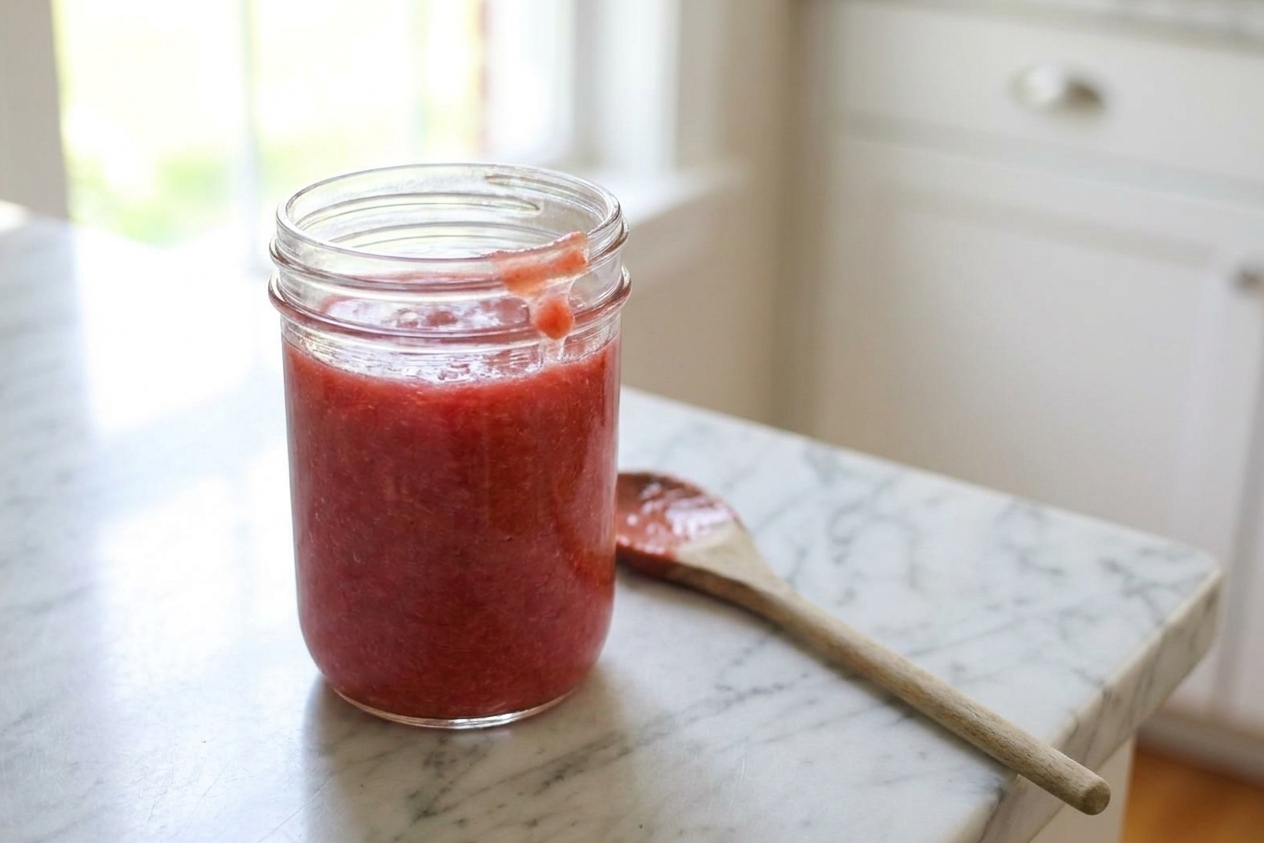 A glass jar of pink rhubarb sauce cooling on a countertop with a spoon nearby and a small smear of sauce on the rim