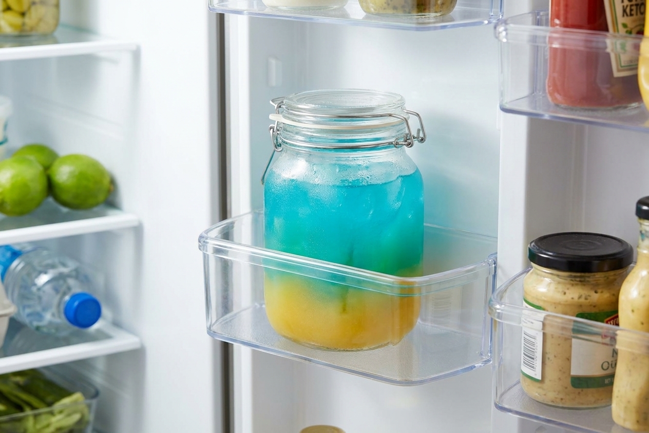 A glass jar of pre-mixed tropical cocktail base with a lid, sitting in a refrigerator door shelf