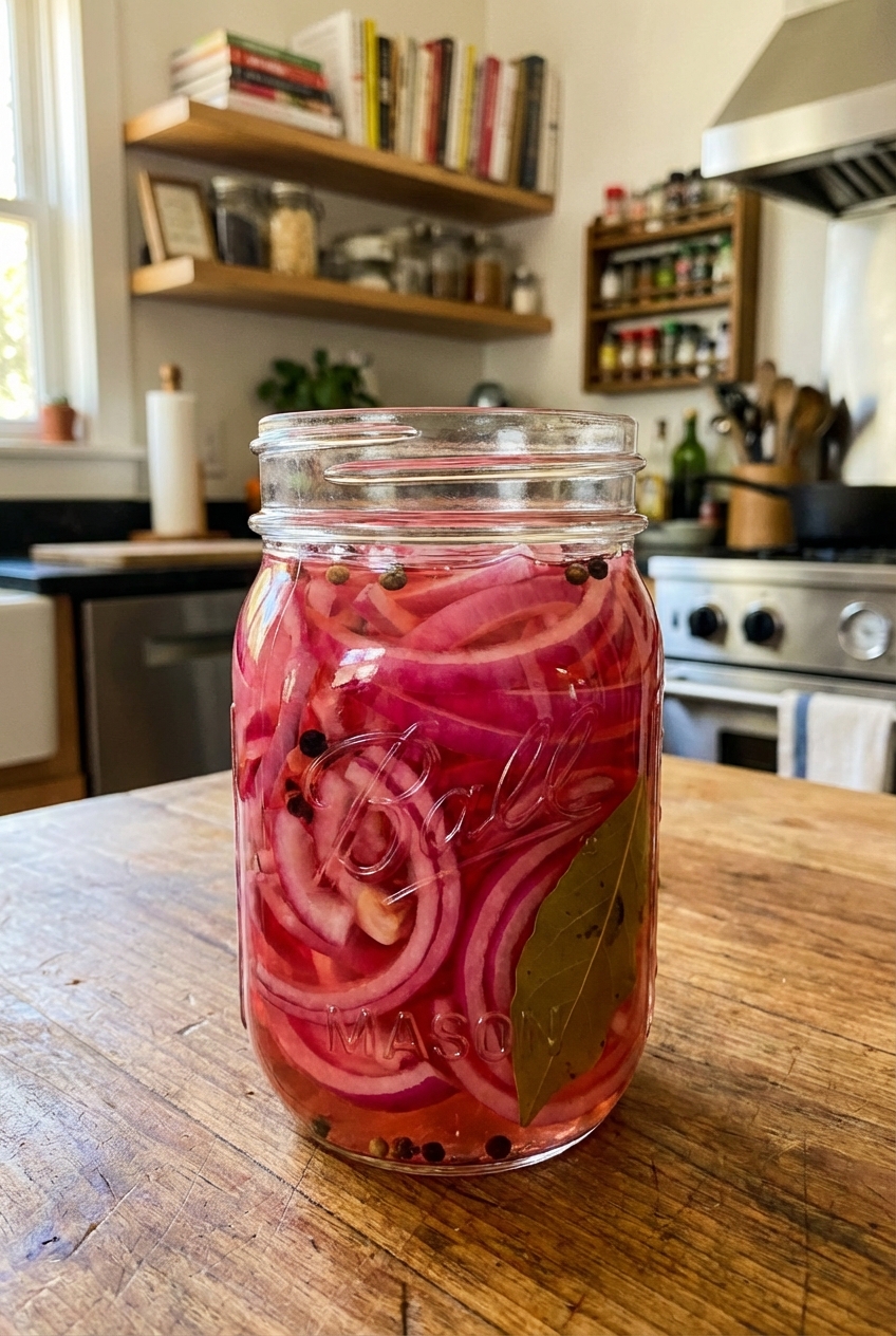 A glass jar of quick pickled red onions on a kitchen counter