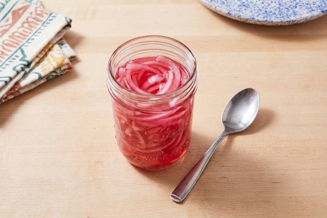 A glass jar of quick pickled red onions with a spoon resting nearby on a kitchen counter