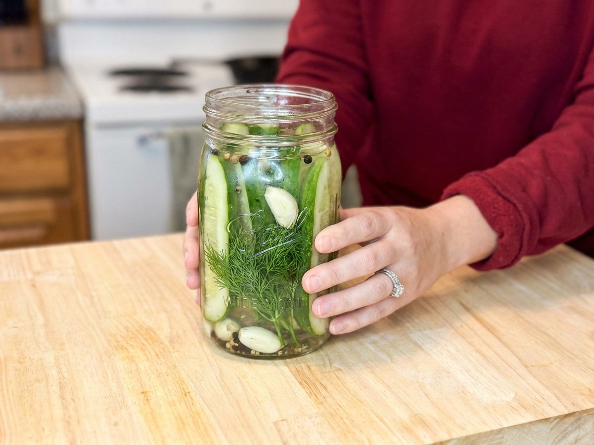 A glass jar of refrigerator dill pickles with fresh dill and garlic cloves, ready for the fridge