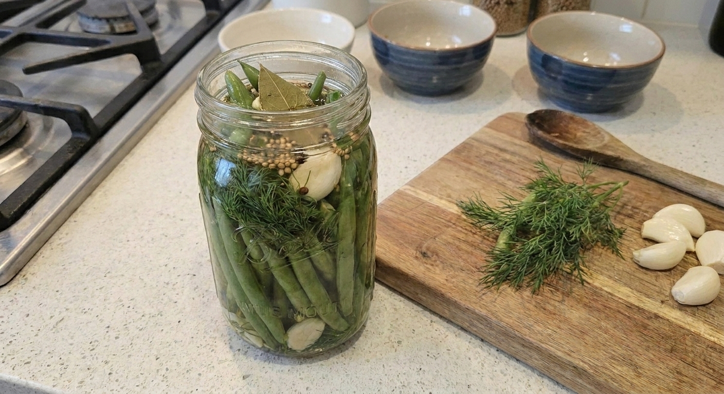 A glass jar of refrigerator pickled green beans in a garlic dill brine on a bright kitchen counter, with fresh dill and peeled garlic cloves nearby