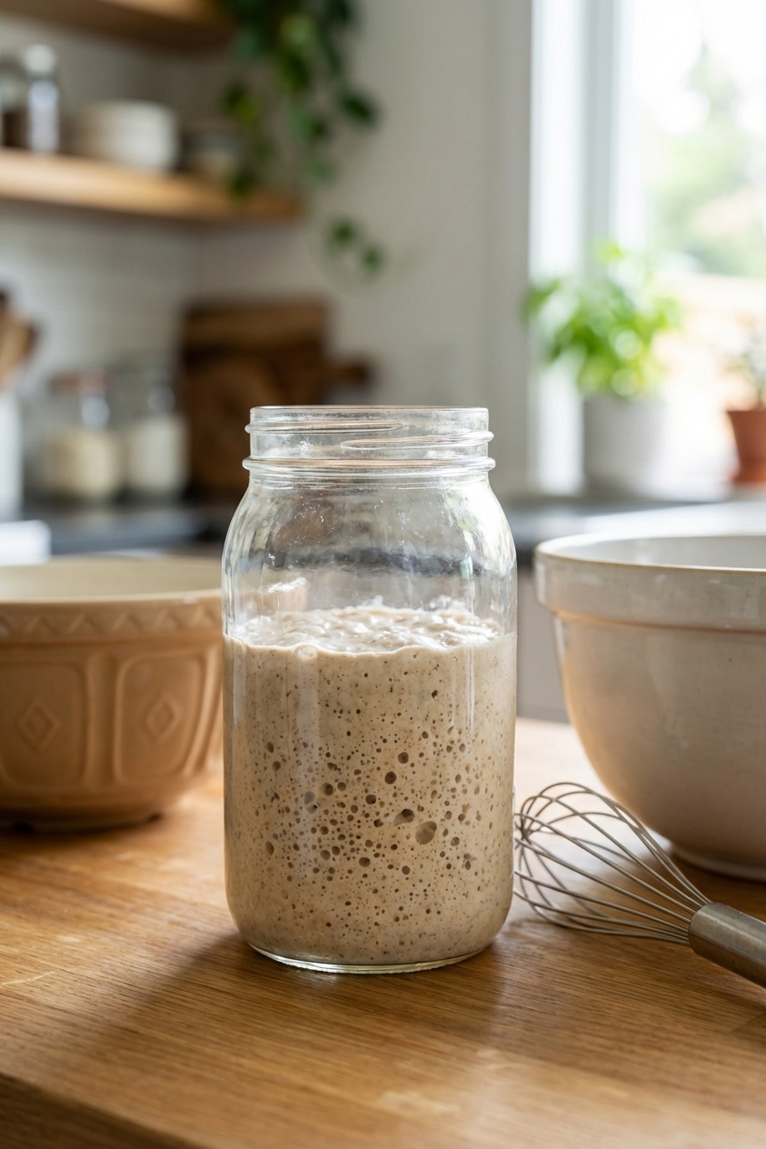 A glass jar of sourdough discard starter with bubbles on the surface sitting on a kitchen counter next to a whisk and a mixing bowl, natural light