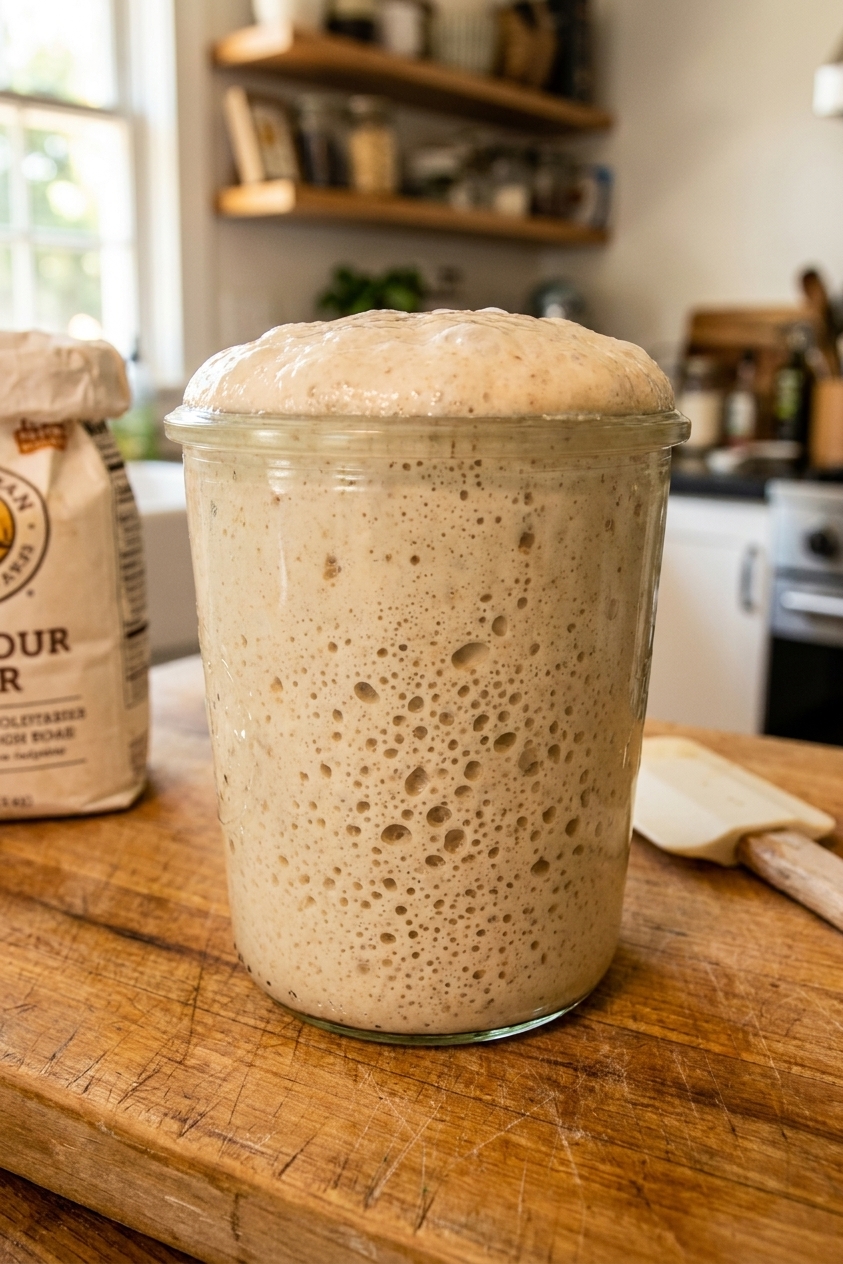 A glass jar of sourdough starter at peak rise with a domed top and visible bubbles clinging to the sides, sitting on a wooden cutting board in a home kitchen