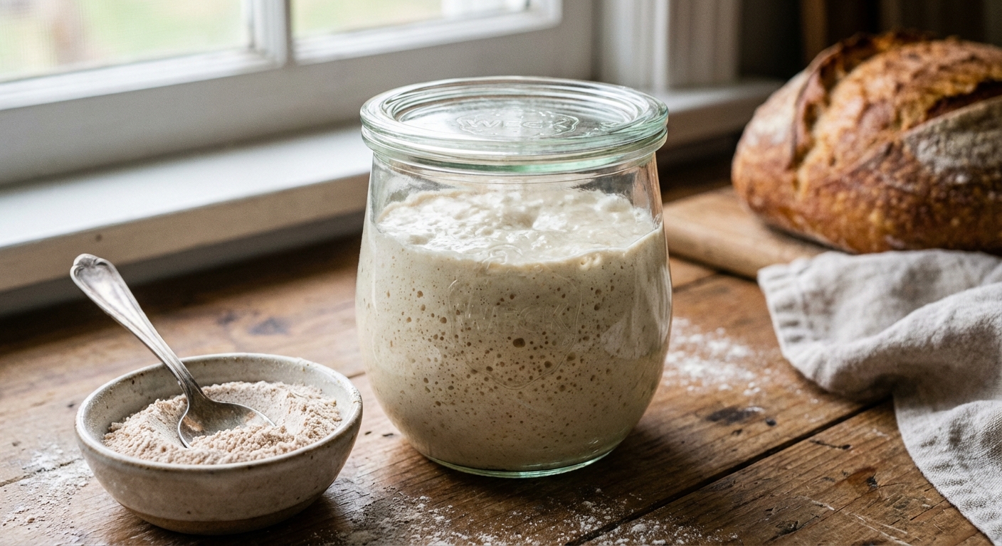 A glass jar of sourdough starter discard with bubbles on the surface sitting on a kitchen counter next to a spoon and a small bowl of flour, soft natural light, photorealistic food photography