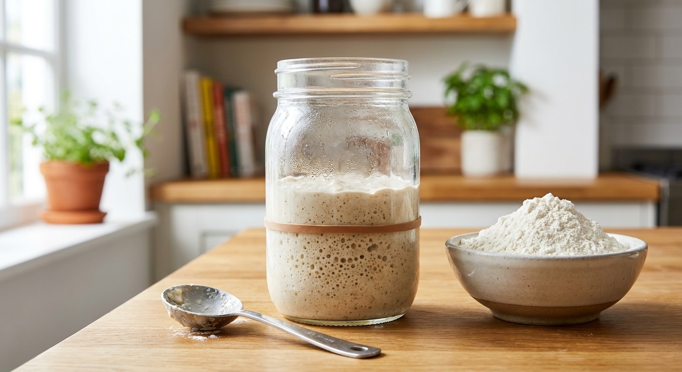 A glass jar of sourdough starter with a rubber band marking the starting level, sitting on a kitchen counter next to a metal spoon and a small bowl of flour