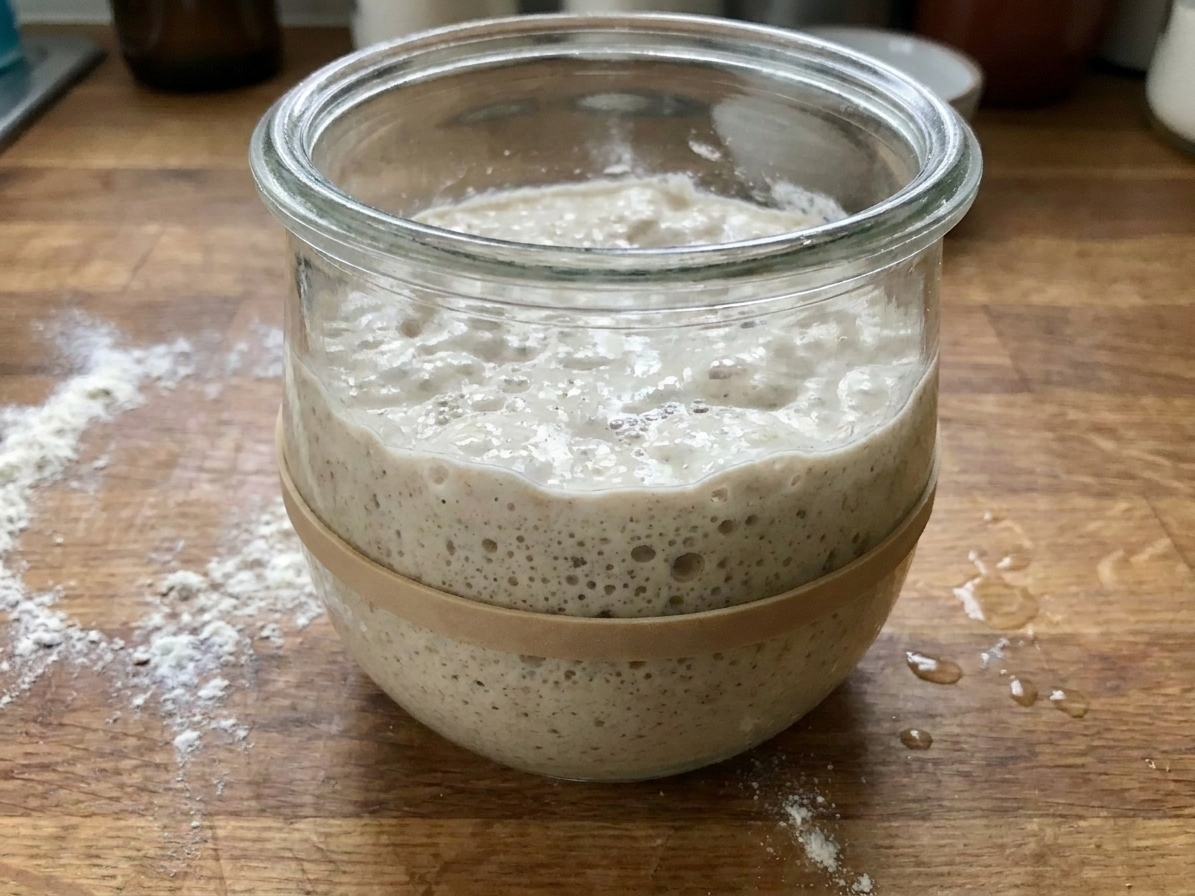 A glass jar of sourdough starter with a rubber band marking the starting level and visible rise above it on a kitchen counter