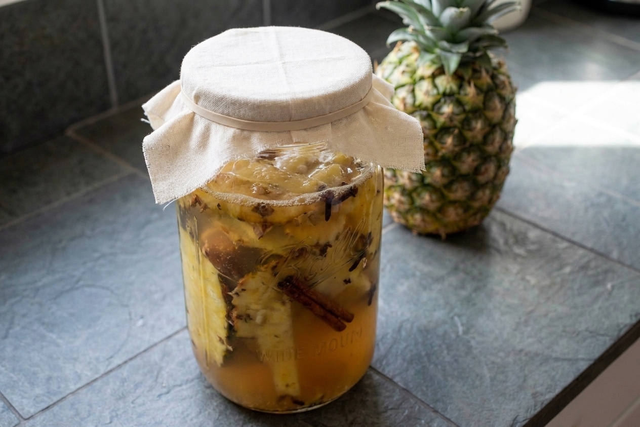 A glass jar of tepache fermenting on a kitchen counter with pineapple peels floating and a cloth cover secured with a rubber band