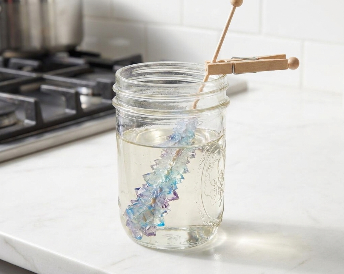 A glass jar on a kitchen counter with a wooden skewer suspended inside as rock candy crystals visibly grow in the sugar solution