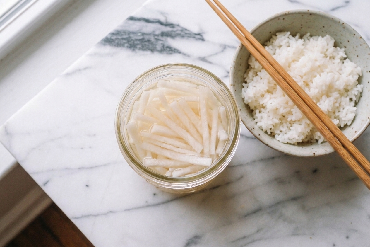 A glass jar packed with thin matchsticks of pickled daikon in clear brine on a bright kitchen counter, with a small bowl of rice and chopsticks nearby