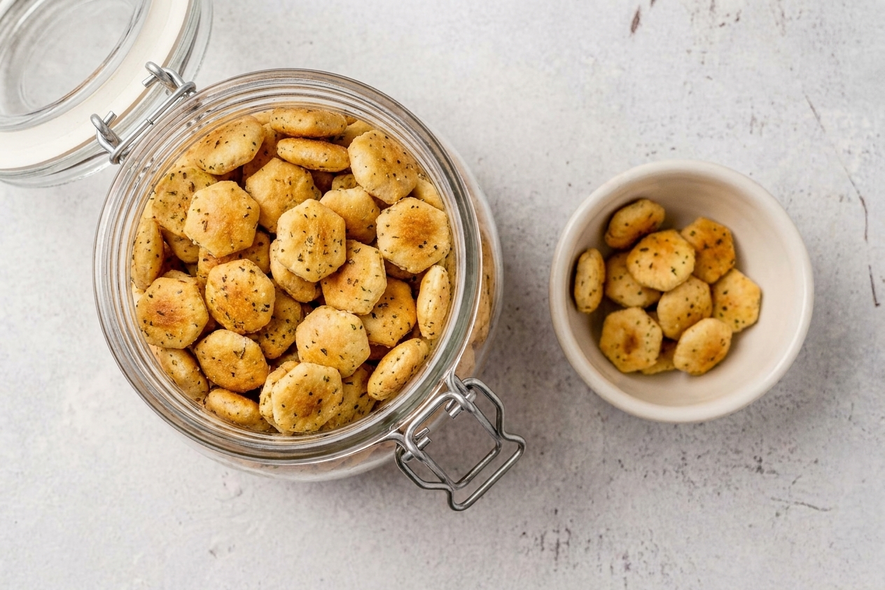 A glass jar with a clamp lid filled with ranch-seasoned oyster crackers on a kitchen counter next to a small bowl
