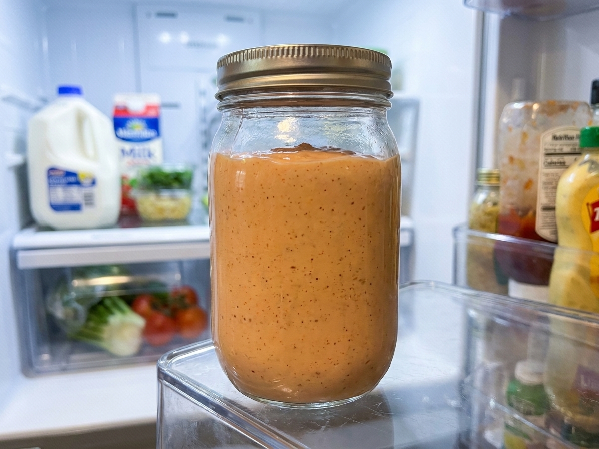 A glass jar with a lid filled with creamy orange-pink dipping sauce sitting on a refrigerator shelf