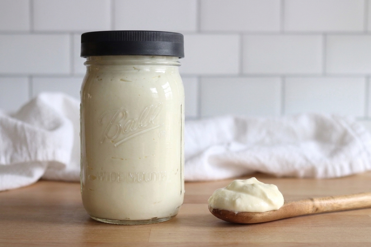 A glass jar with cream and buttermilk mixture resting on a kitchen counter next to a spoon