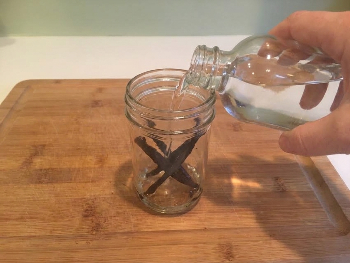 A glass jar with vanilla bean pieces inside as clear vodka is being poured in on a warm-lit kitchen counter