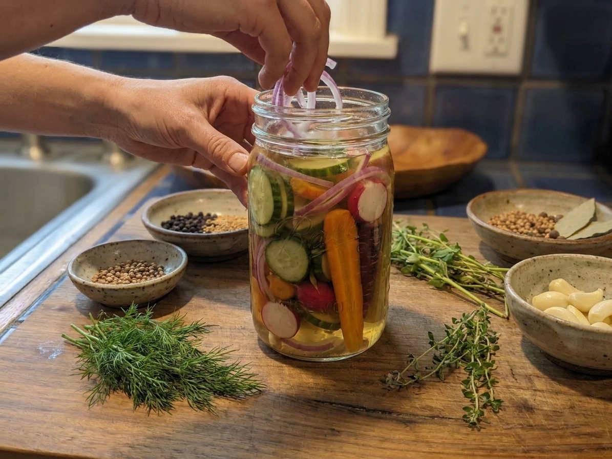 A glass mason jar being filled with sliced cucumbers, carrots, radishes, and red onion on a home kitchen counter