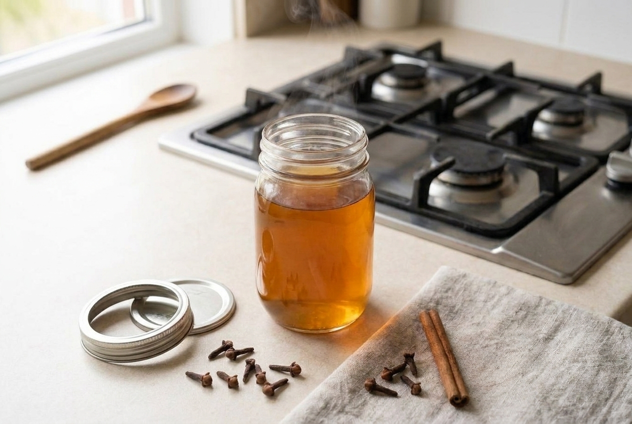 A glass mason jar filled with amber clove tea resting on a kitchen counter, with a metal lid placed beside it