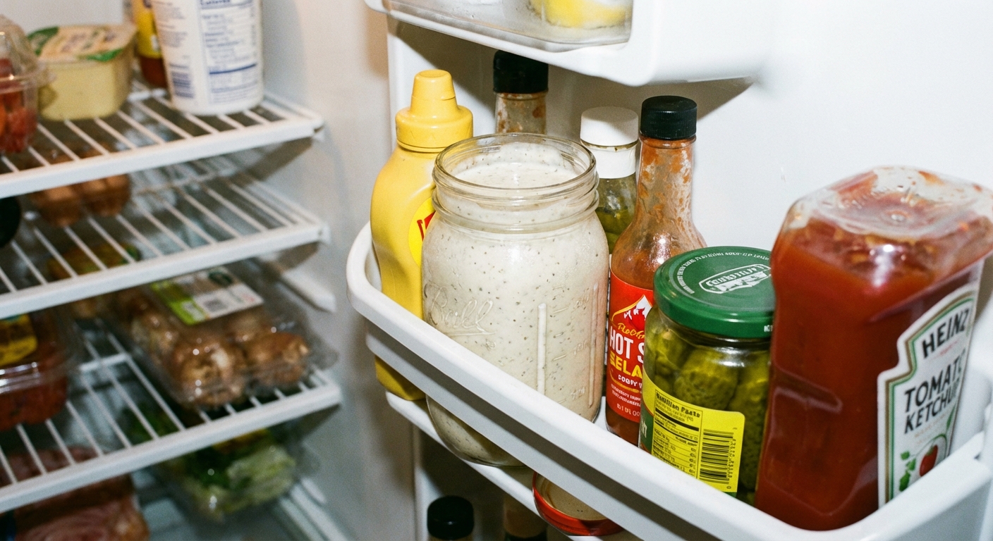 A glass mason jar filled with creamy white barbecue sauce, lid off, sitting in an open refrigerator door shelf with other condiments, photorealistic kitchen snapshot