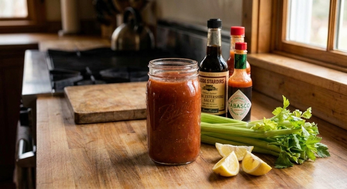 A glass mason jar filled with homemade Bloody Mary mix on a bright kitchen counter, with lemon wedges, celery stalks, and bottles of hot sauce and Worcestershire nearby