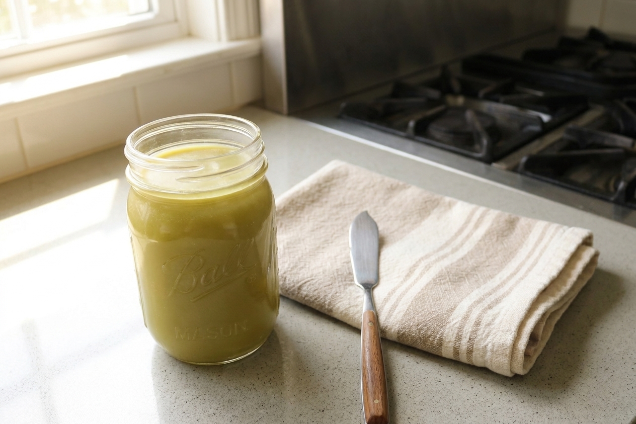 A glass mason jar filled with pale golden cannabutter on a sunlit kitchen counter, with a small butter knife and a folded kitchen towel nearby