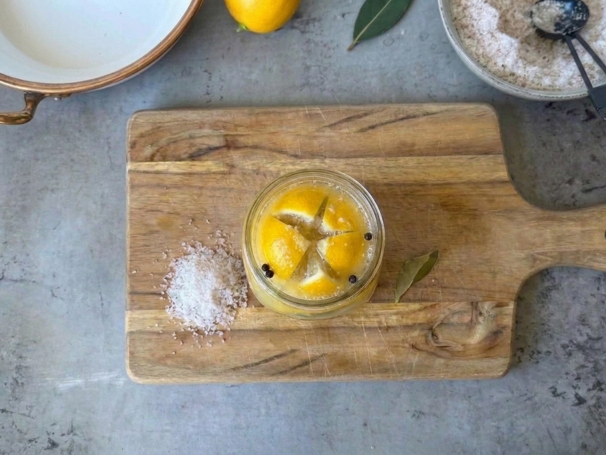 A glass mason jar filled with quartered preserved lemons packed in their own juice, sitting on a light kitchen counter with a small pile of kosher salt nearby
