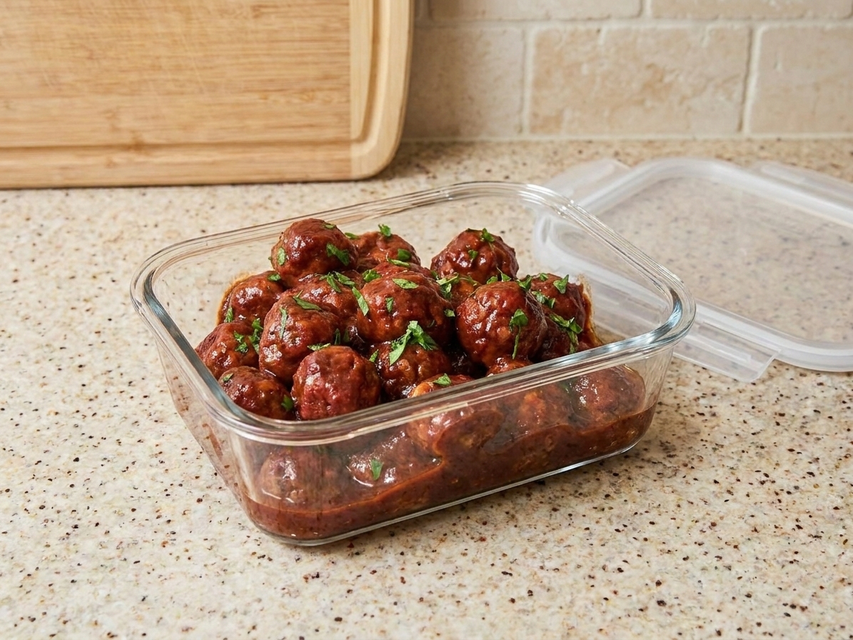 A glass meal prep container filled with BBQ meatballs and sauce, lid set beside it on a kitchen counter