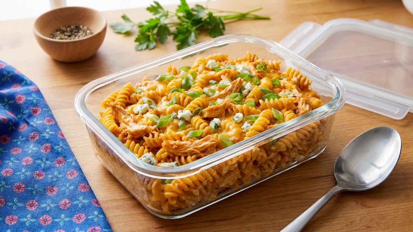 A glass meal prep container filled with Buffalo chicken pasta, lid off on a kitchen counter with a spoon beside it