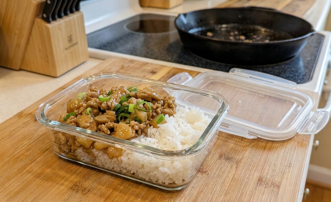 A glass meal prep container filled with General Joe's chicken and rice, lid set nearby on a kitchen counter