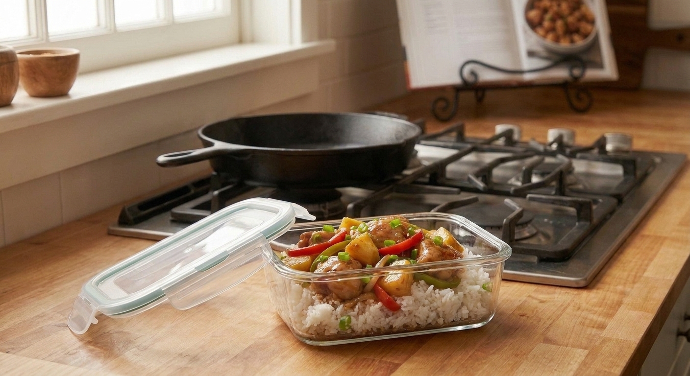 A glass meal prep container filled with Hawaiian chicken, pineapple, and peppers with the lid set beside it on a kitchen counter