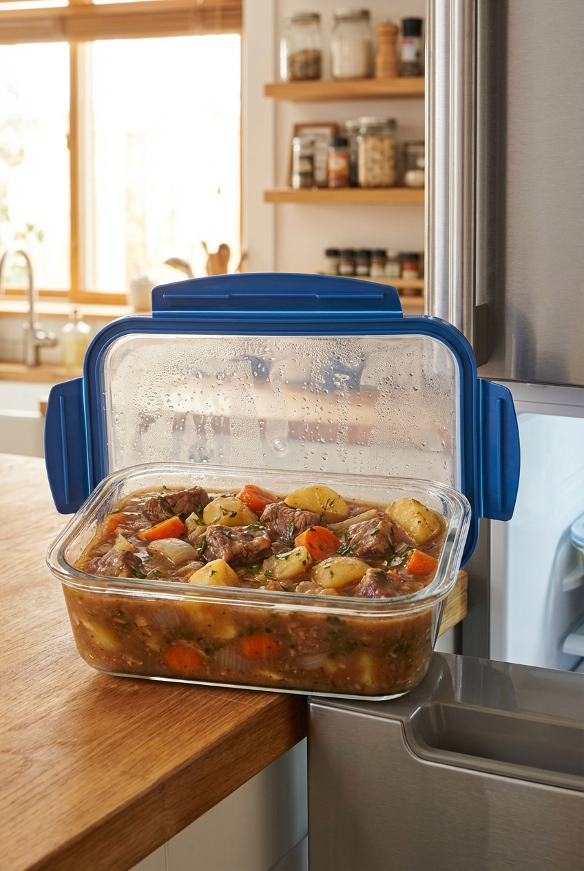A glass meal prep container filled with Irish stew, ready to be stored in the refrigerator