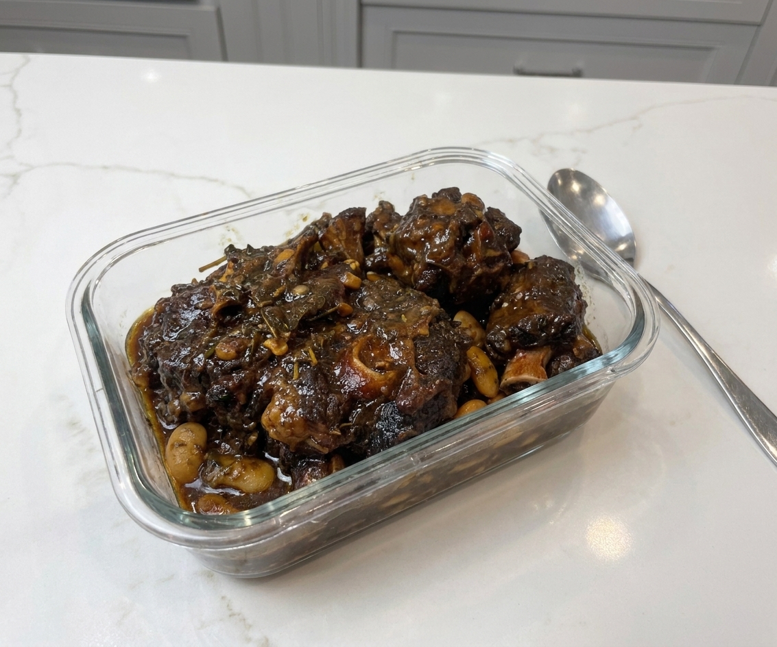 A glass meal prep container filled with Jamaican oxtail and brown gravy, lid off on a kitchen counter with a spoon beside it