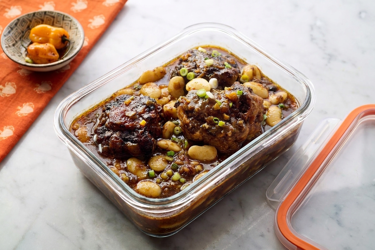 A glass meal prep container filled with Jamaican oxtail stew and butter beans, lid beside it on a kitchen counter