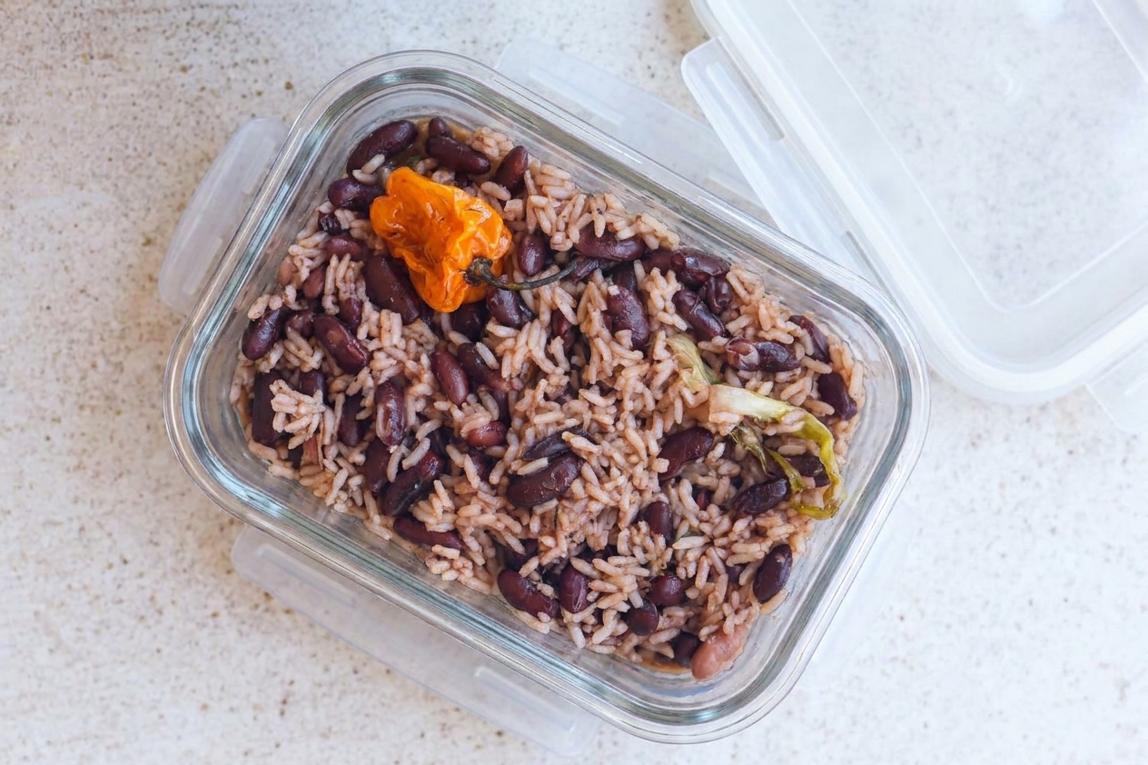A glass meal prep container filled with Jamaican rice and peas on a kitchen counter with a lid set beside it