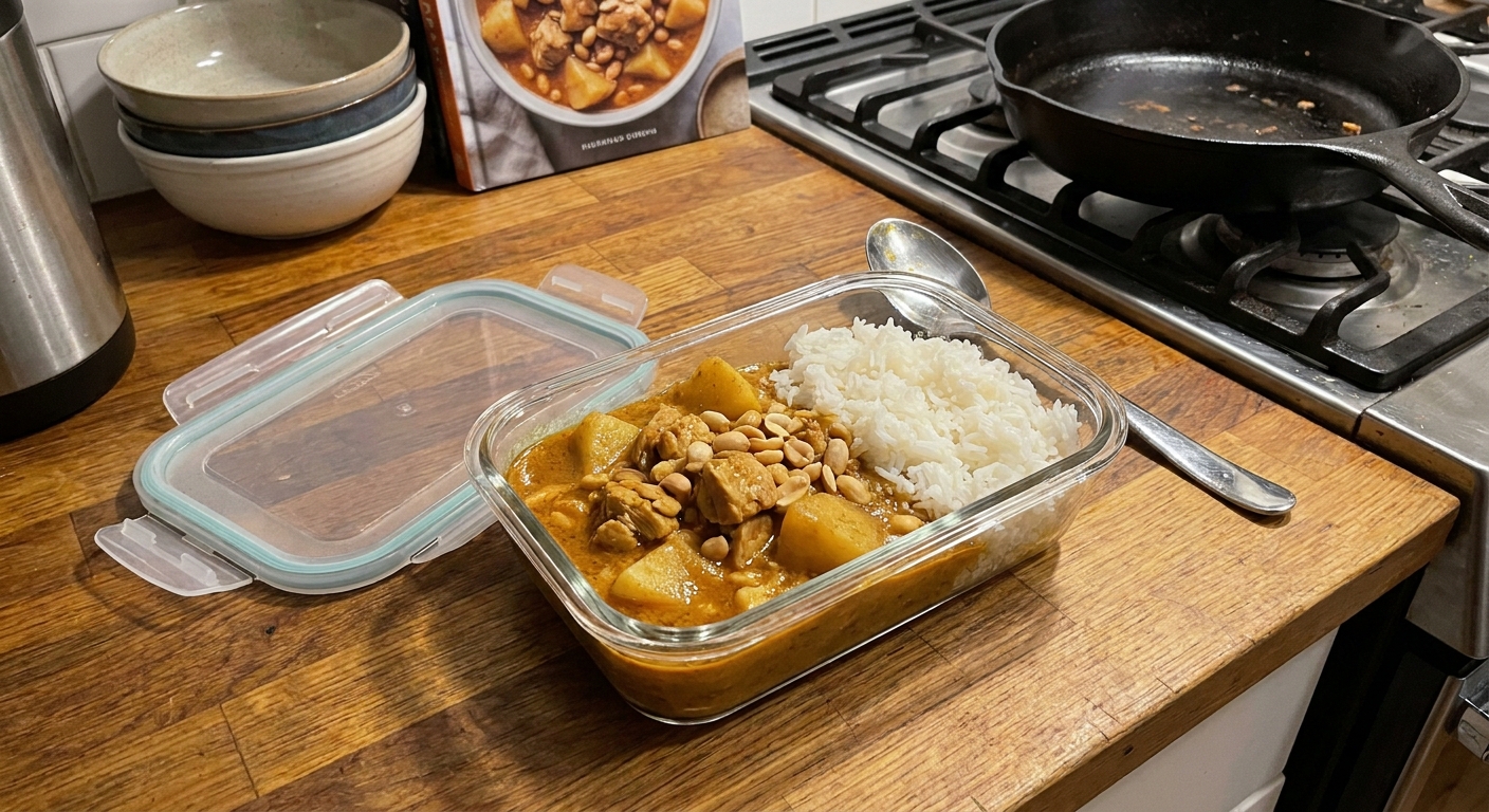 A glass meal prep container filled with Massaman curry and rice, lid off, sitting on a kitchen counter with a spoon nearby